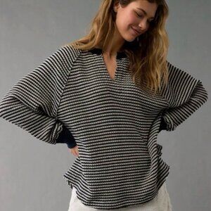 American Eagle “Big Hug” Notch Neck Waffle Sweatshirt – Navy/Cream | Size XS